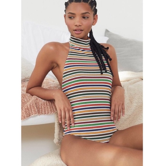Urban Outfitters Tops - Urban outfitters out from under stripe rainbow retro mock neck bodysuit NWT S
